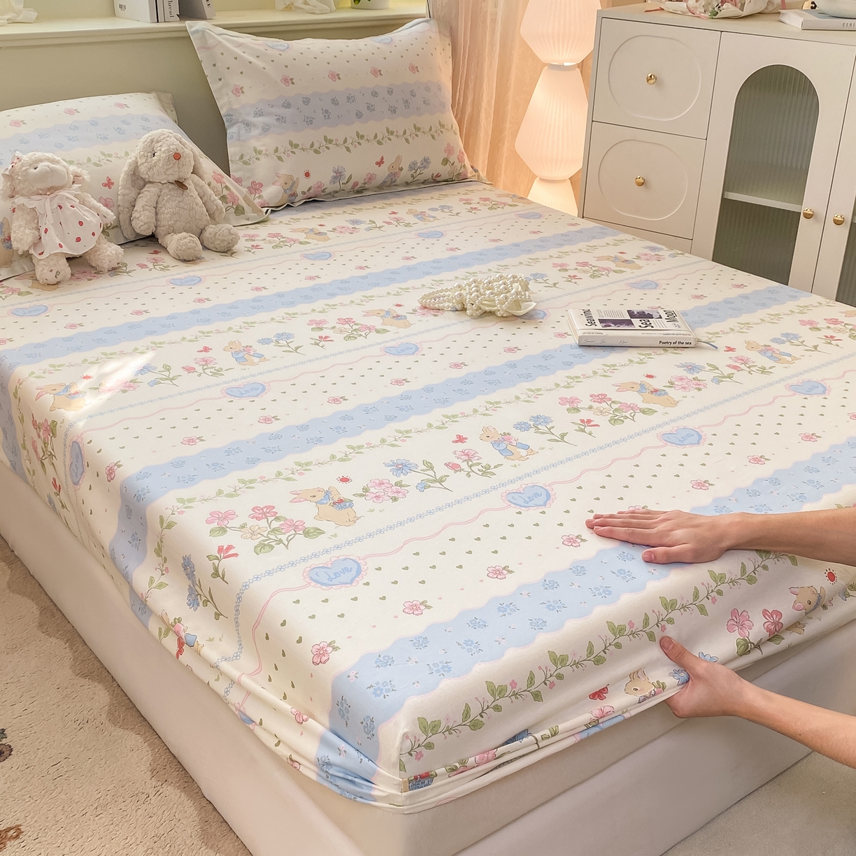 91家纺网 家纺一手货源 找家纺 女子家纺 2026新款全棉纯棉印花小清新系列单床笠单品床笠床笠单件 兔兔乐园