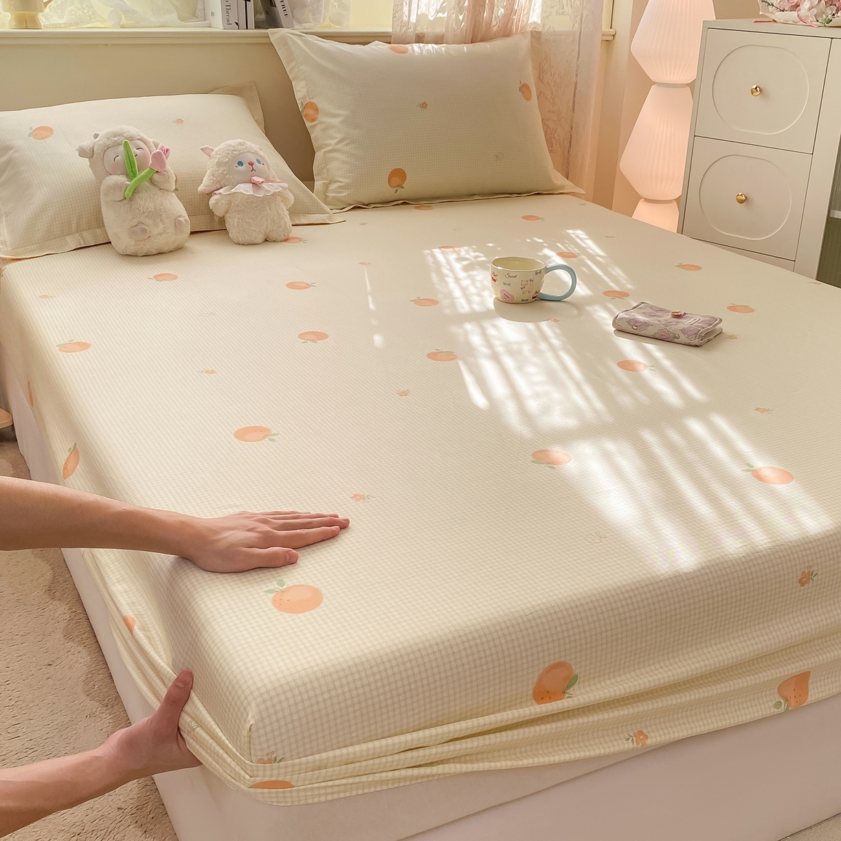 91家纺网 家纺一手货源 找家纺 女子家纺 2026新款全棉纯棉印花小清新系列单床笠单品床笠床笠单件 小橙橘