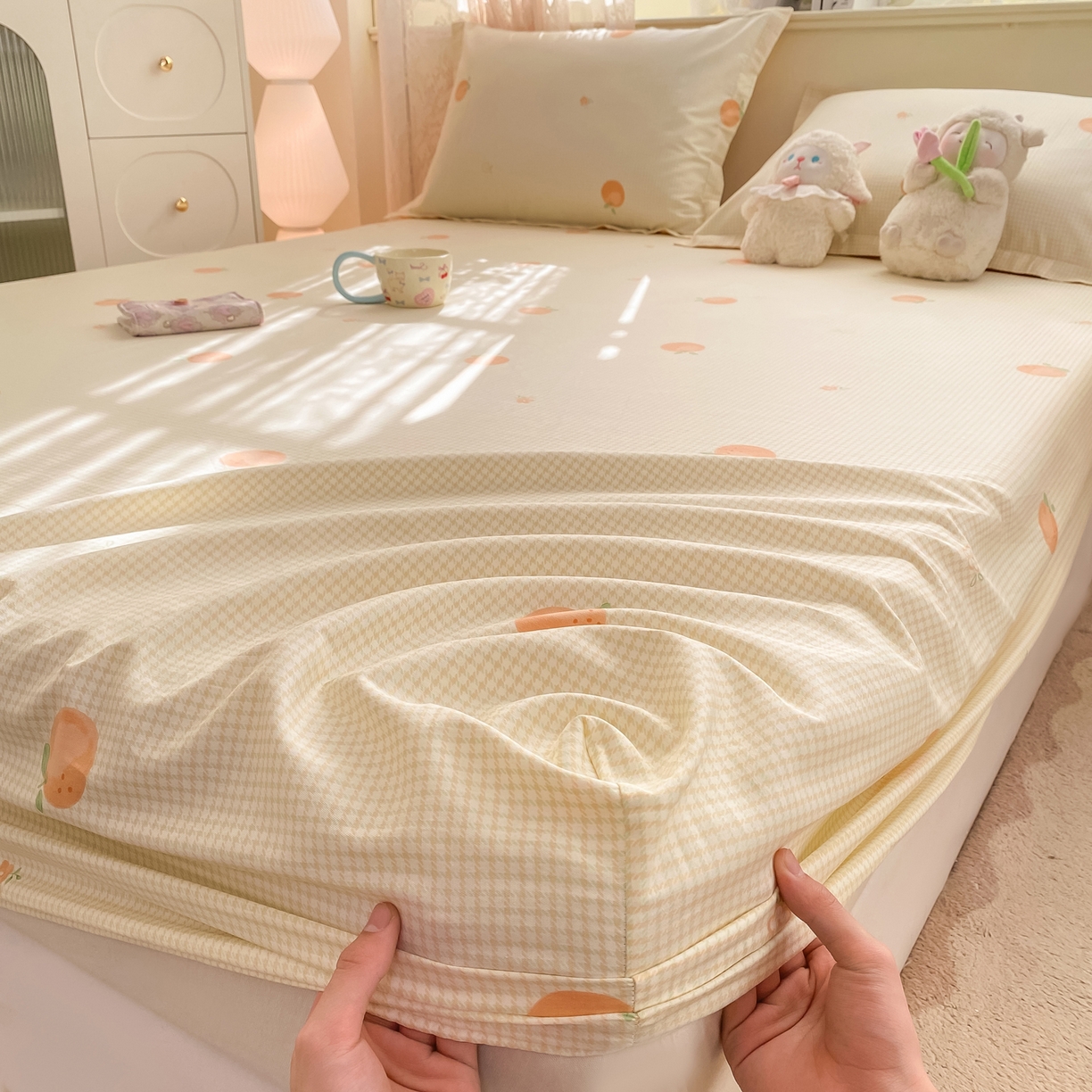 91家纺网 家纺一手货源 找家纺 女子家纺 2026新款全棉纯棉印花小清新系列单床笠单品床笠床笠单件 小橙橘