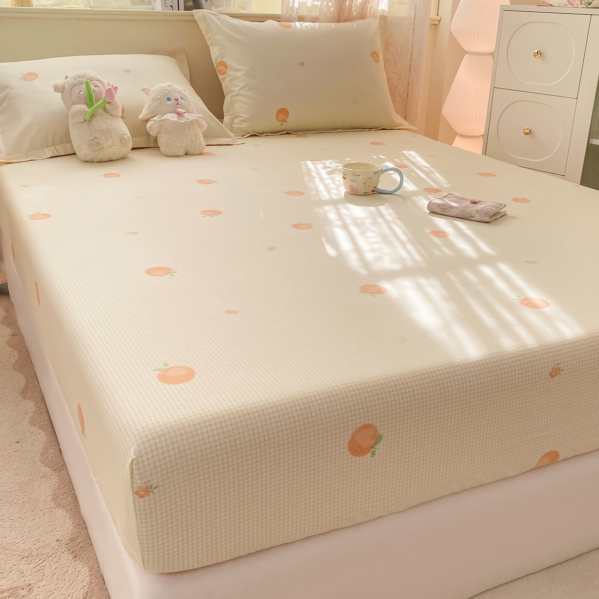 91家纺网 家纺一手货源 找家纺 女子家纺 2026新款全棉纯棉印花小清新系列单床笠单品床笠床笠单件 小橙橘