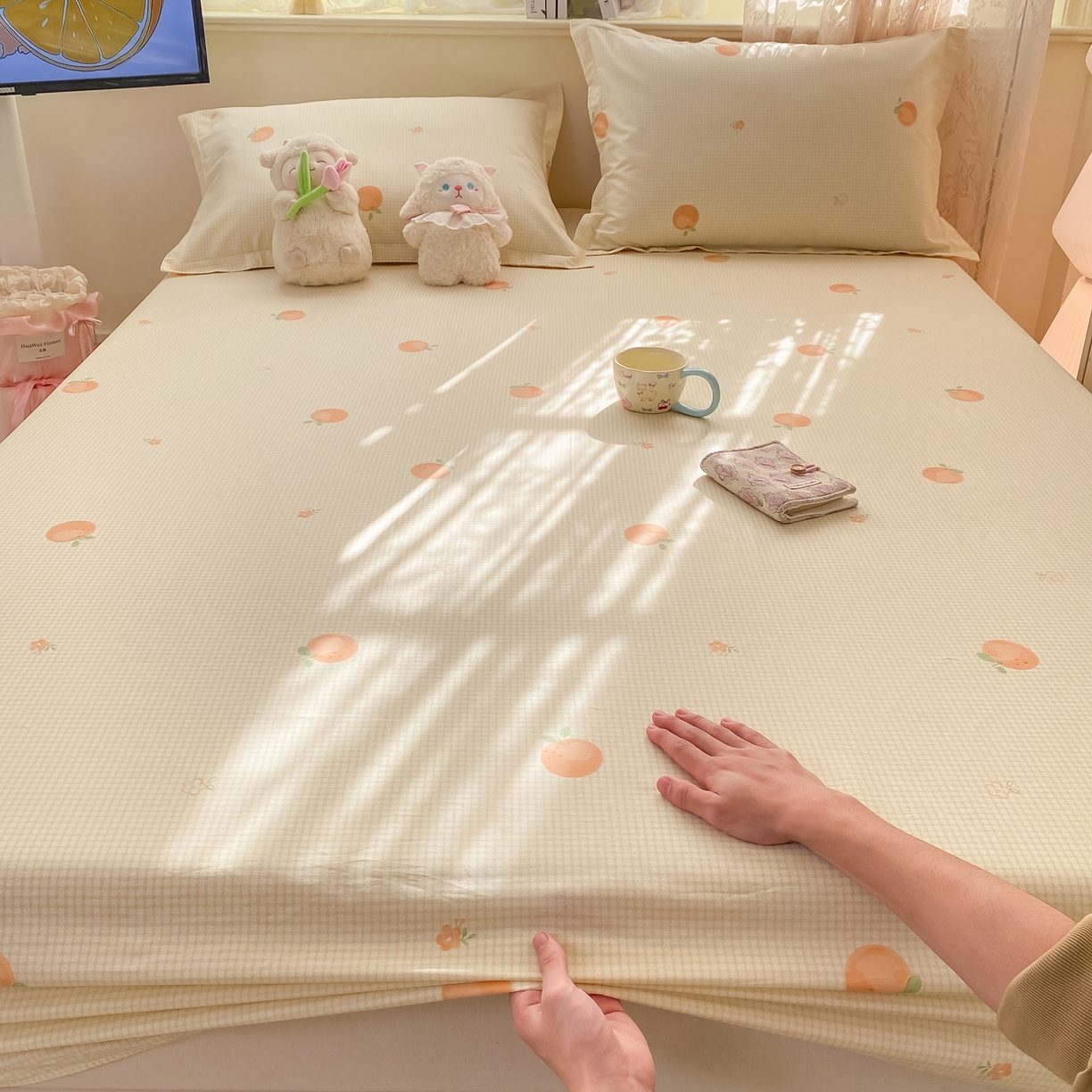 91家纺网 家纺一手货源 找家纺 女子家纺 2026新款全棉纯棉印花小清新系列单床笠单品床笠床笠单件 小橙橘