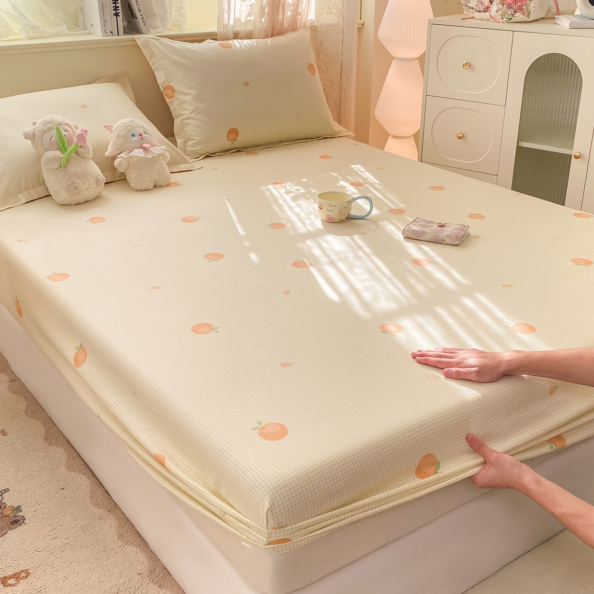 91家纺网 家纺一手货源 找家纺 女子家纺 2026新款全棉纯棉印花小清新系列单床笠单品床笠床笠单件 小橙橘