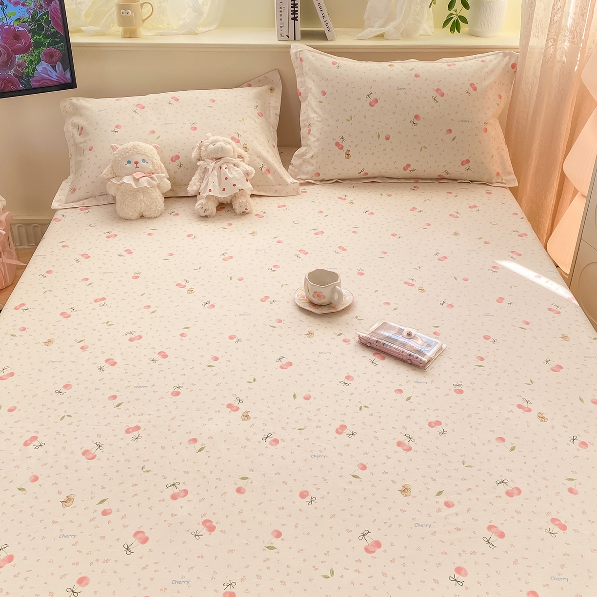 91家纺网 家纺一手货源 找家纺 女子家纺 2026新款全棉纯棉印花小清新系列单床笠单品床笠床笠单件 樱桃甜宠