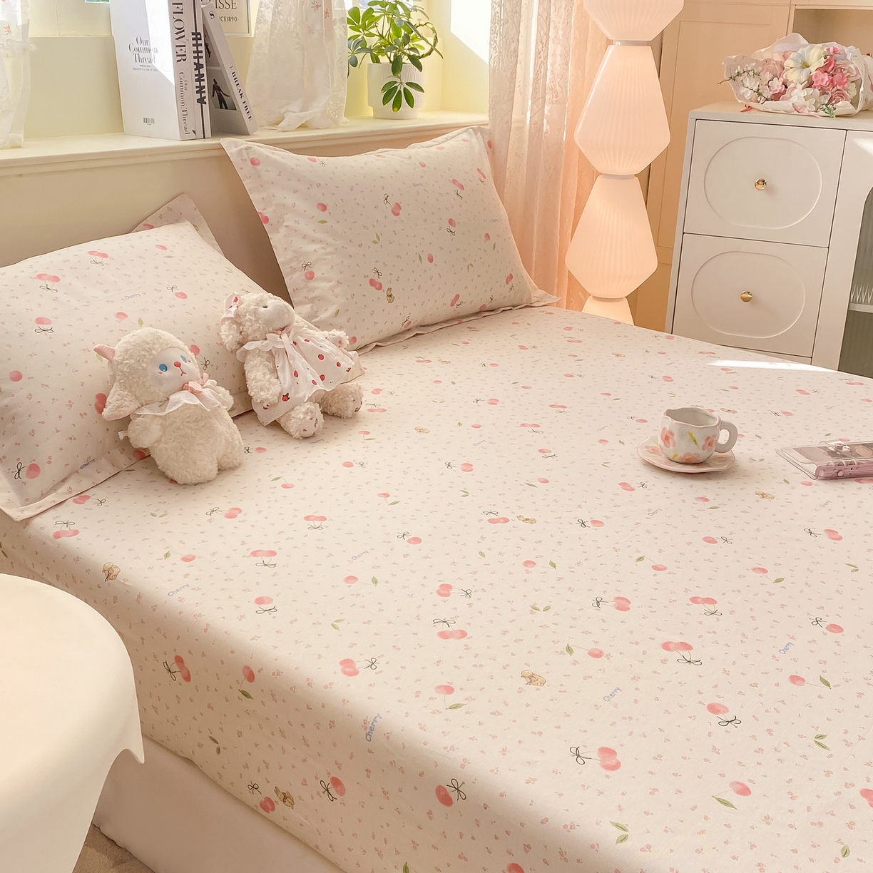 91家纺网 家纺一手货源 找家纺 女子家纺 2026新款全棉纯棉印花小清新系列单床笠单品床笠床笠单件 樱桃甜宠