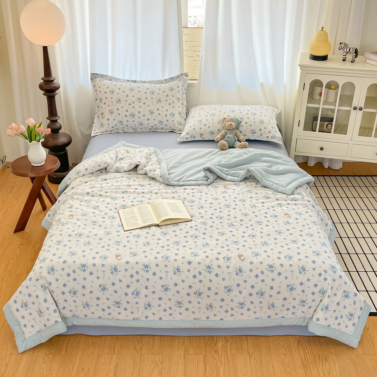 91家纺网 家纺一手货源 找家纺 宝士康家纺 2026新款10A抗菌水洗棉超声波压花夏被 被子被芯 超声波-青野碎蓝