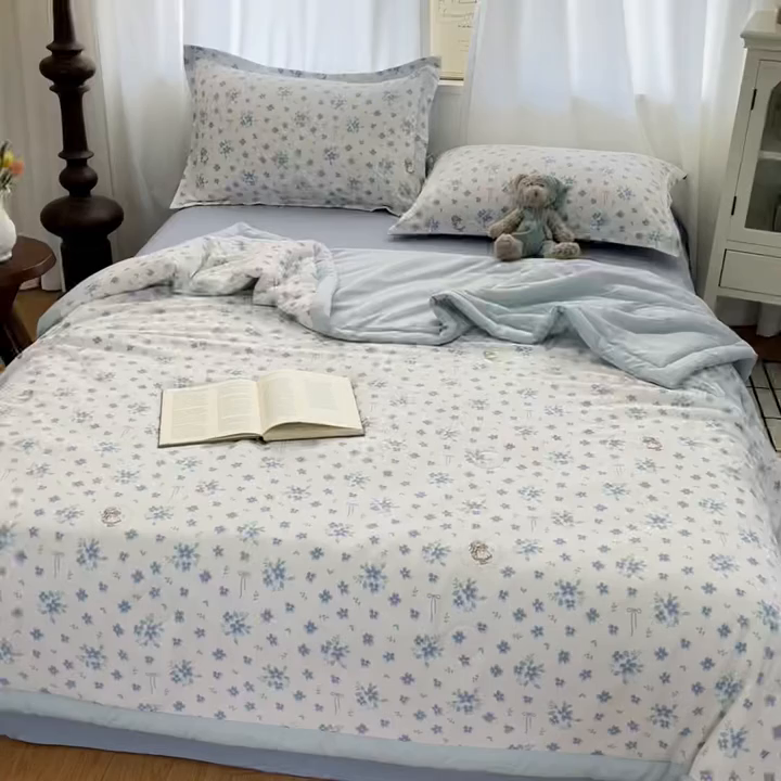 91家纺网 家纺一手货源 找家纺 宝士康家纺 2026新款10A抗菌水洗棉超声波压花夏被 被子被芯 超声波-青野碎蓝