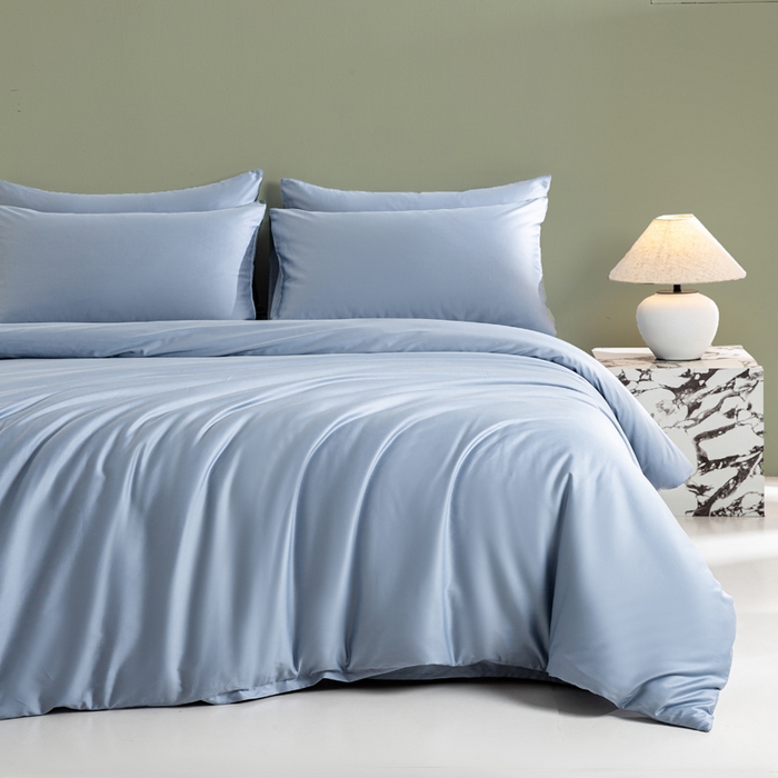 91家纺网 家纺一手货源 找家纺 盛凡家纺 2026春夏新款全棉纯棉A类60s长绒棉四件套纯色贡缎纯棉被套床笠款三件套 蓝灰