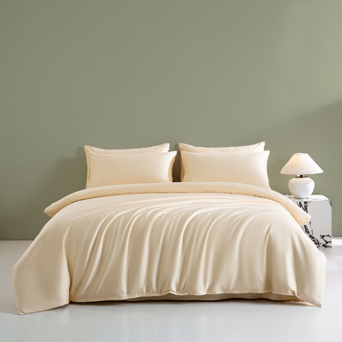 91家纺网 家纺一手货源 找家纺 盛凡家纺 2026春夏新款全棉纯棉A类60s长绒棉四件套纯色贡缎纯棉被套床笠款三件套 奶昔白