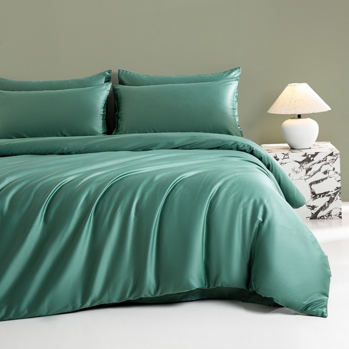 盛凡家纺 2026春夏新款全棉纯棉A类60s长绒棉四件套纯色贡缎纯棉被套床笠款三件套 墨绿