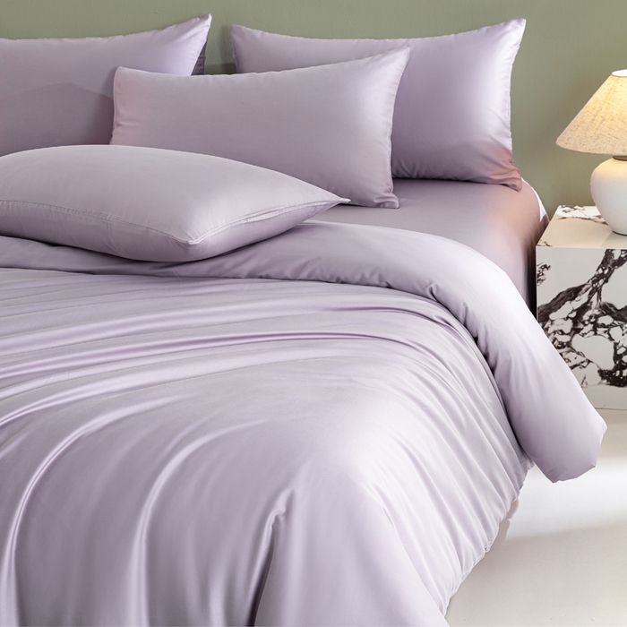 91家纺网 家纺一手货源 找家纺 盛凡家纺 2026春夏新款全棉纯棉A类60s长绒棉四件套纯色贡缎纯棉被套床笠款三件套 梦幻紫