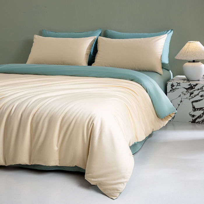 91家纺网 家纺一手货源 找家纺 盛凡家纺 2026春夏新款全棉纯棉A类60s长绒棉四件套纯色贡缎纯棉被套床笠款三件套 奶昔白+薄荷绿