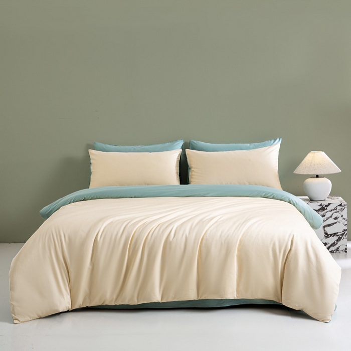 91家纺网 家纺一手货源 找家纺 盛凡家纺 2026春夏新款全棉纯棉A类60s长绒棉四件套纯色贡缎纯棉被套床笠款三件套 奶昔白+薄荷绿