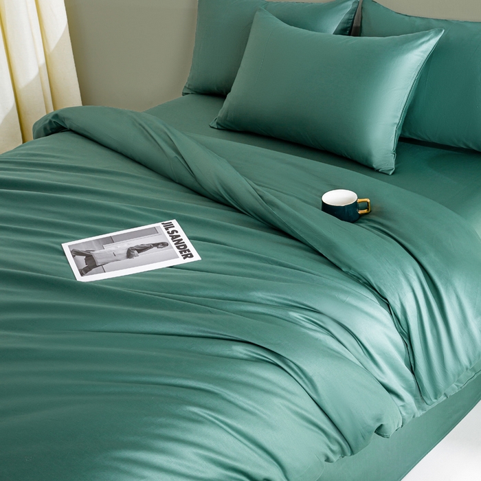 91家纺网 家纺一手货源 找家纺 盛凡家纺 2026春夏新款全棉纯棉A类60s长绒棉四件套纯色贡缎纯棉被套床笠款三件套 墨绿