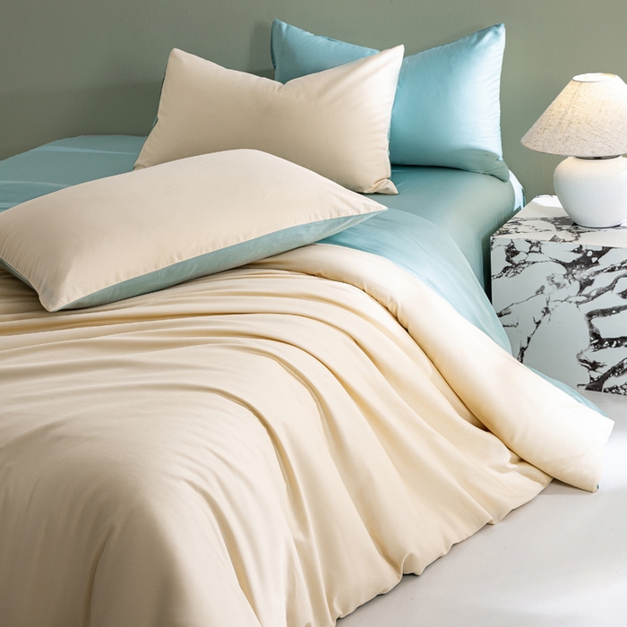 91家纺网 家纺一手货源 找家纺 盛凡家纺 2026春夏新款全棉纯棉A类60s长绒棉四件套纯色贡缎纯棉被套床笠款三件套 奶昔白+薄荷绿