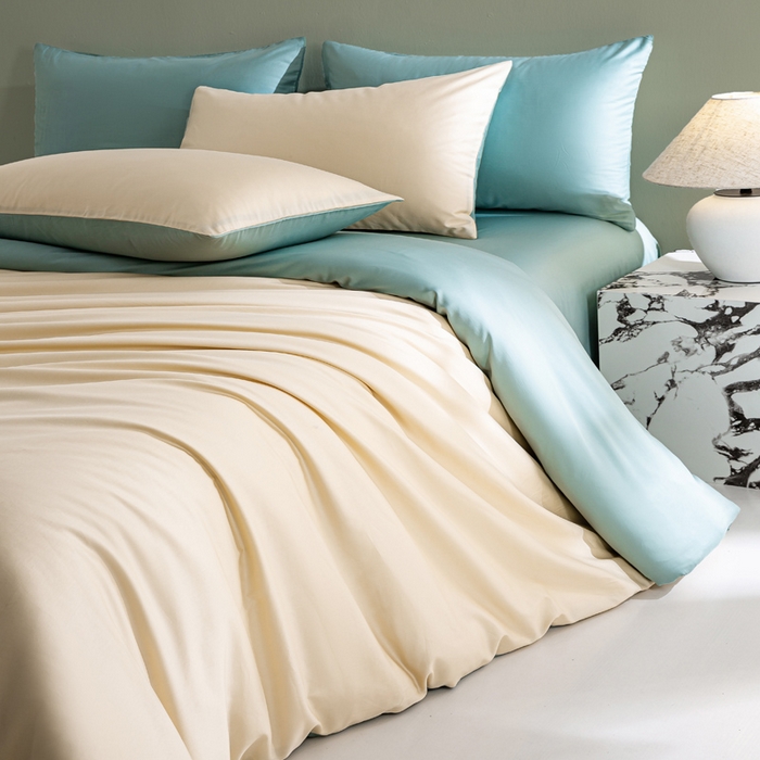 91家纺网 家纺一手货源 找家纺 盛凡家纺 2026春夏新款全棉纯棉A类60s长绒棉四件套纯色贡缎纯棉被套床笠款三件套 奶昔白+薄荷绿