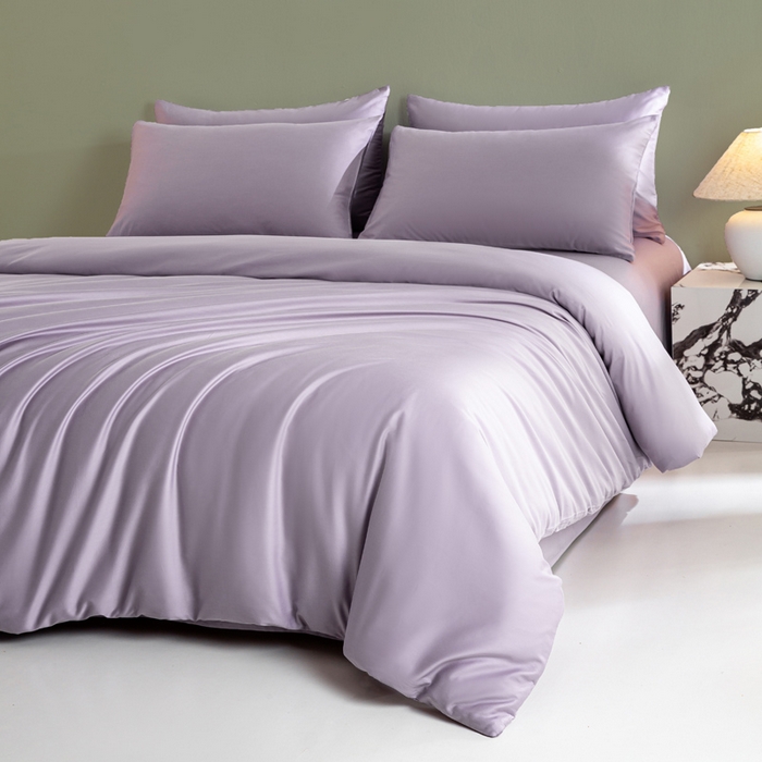 91家纺网 家纺一手货源 找家纺 盛凡家纺 2026春夏新款全棉纯棉A类60s长绒棉四件套纯色贡缎纯棉被套床笠款三件套 梦幻紫