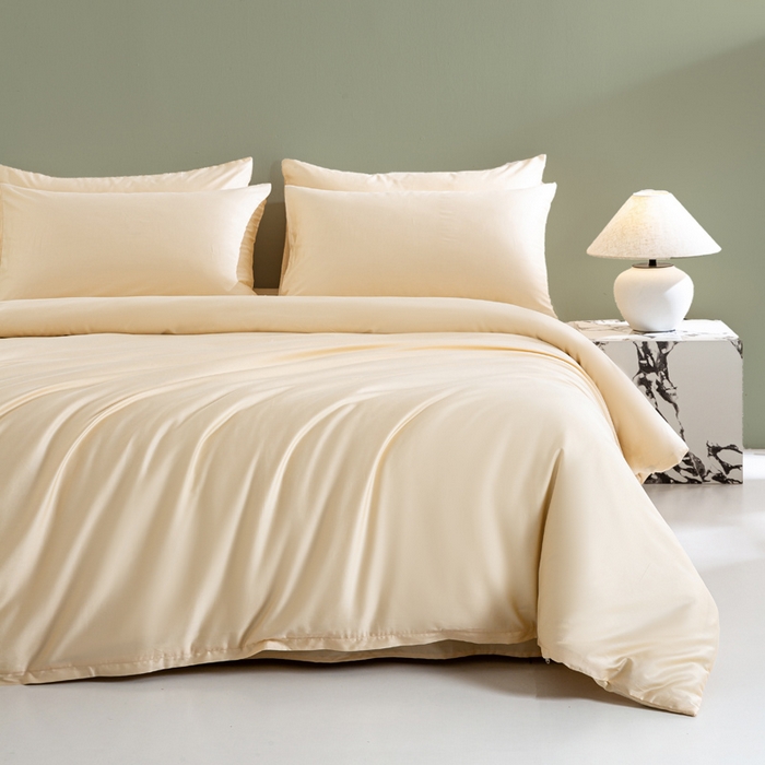 盛凡家纺 2026春夏新款全棉纯棉A类60s长绒棉四件套纯色贡缎纯棉被套床笠款三件套 奶昔白