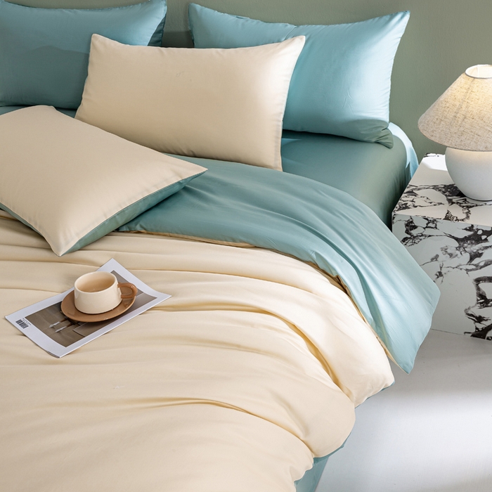 91家纺网 家纺一手货源 找家纺 盛凡家纺 2026春夏新款全棉纯棉A类60s长绒棉四件套纯色贡缎纯棉被套床笠款三件套 奶昔白+薄荷绿