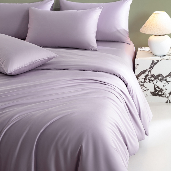 91家纺网 家纺一手货源 找家纺 盛凡家纺 2026春夏新款全棉纯棉A类60s长绒棉四件套纯色贡缎纯棉被套床笠款三件套 梦幻紫