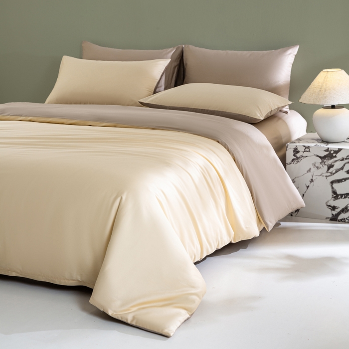 91家纺网 家纺一手货源 找家纺 盛凡家纺 2026春夏新款全棉纯棉A类60s长绒棉四件套纯色贡缎纯棉被套床笠款三件套 奶昔白+奶咖