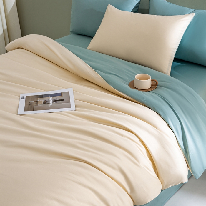 91家纺网 家纺一手货源 找家纺 盛凡家纺 2026春夏新款全棉纯棉A类60s长绒棉四件套纯色贡缎纯棉被套床笠款三件套 奶昔白+薄荷绿