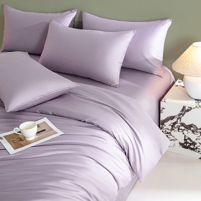 91家纺网 家纺一手货源 找家纺 盛凡家纺 2026春夏新款全棉纯棉A类60s长绒棉四件套纯色贡缎纯棉被套床笠款三件套 梦幻紫