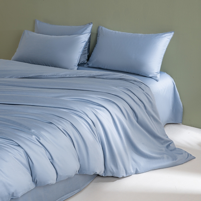 91家纺网 家纺一手货源 找家纺 盛凡家纺 2026春夏新款全棉纯棉A类60s长绒棉四件套纯色贡缎纯棉被套床笠款三件套 蓝灰