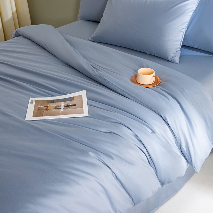 91家纺网 家纺一手货源 找家纺 盛凡家纺 2026春夏新款全棉纯棉A类60s长绒棉四件套纯色贡缎纯棉被套床笠款三件套 蓝灰