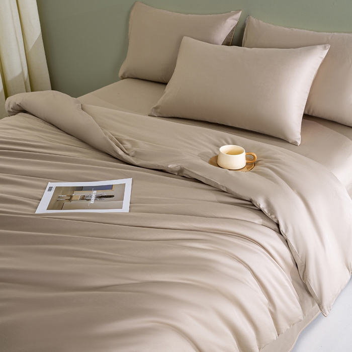 91家纺网 家纺一手货源 找家纺 盛凡家纺 2026春夏新款全棉纯棉A类60s长绒棉四件套纯色贡缎纯棉被套床笠款三件套 奶咖