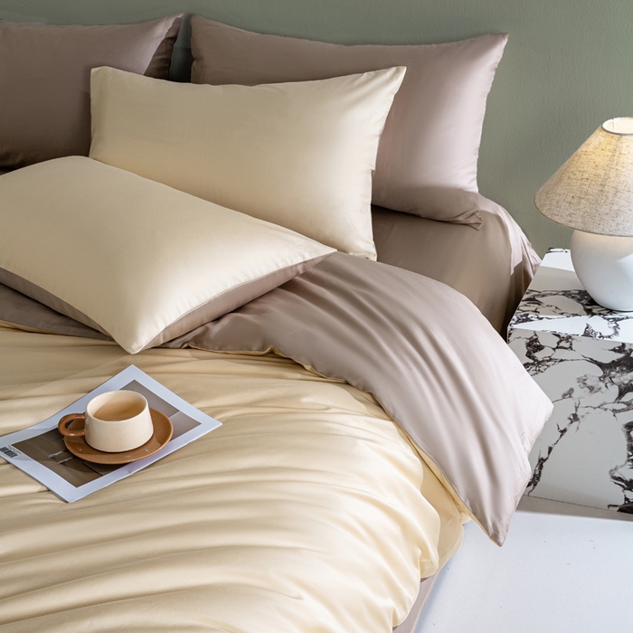 91家纺网 家纺一手货源 找家纺 盛凡家纺 2026春夏新款全棉纯棉A类60s长绒棉四件套纯色贡缎纯棉被套床笠款三件套 奶昔白+奶咖