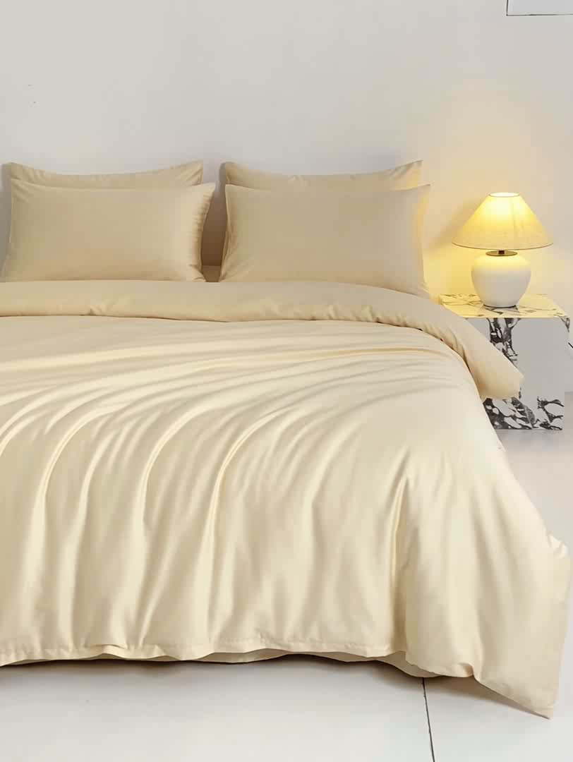 91家纺网 家纺一手货源 找家纺 盛凡家纺 2026春夏新款全棉纯棉A类60s长绒棉四件套纯色贡缎纯棉被套床笠款三件套 奶昔白