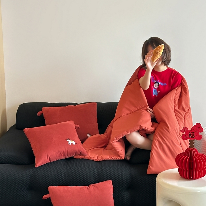 91家纺网 家纺一手货源 找家纺 多米家居 2025新款可爱卡通双荣毛巾绣抱枕被 绅士小象 50*50展开145*195