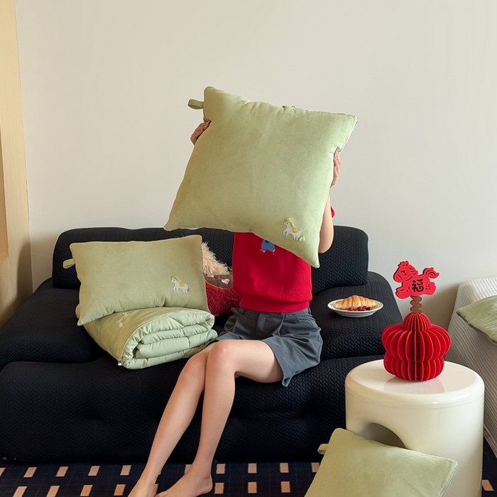 91家纺网 家纺一手货源 找家纺 多米家居 2026新款马力全开抱枕被（控价小号券后不低于46，大号券后不低于70） 蓬蓬驹-平安绿