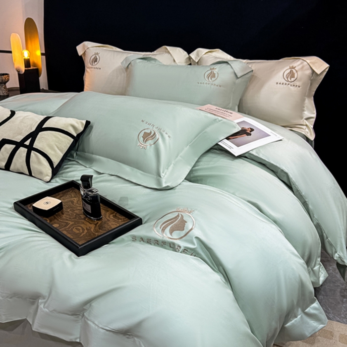 91家纺网 家纺一手货源 找家纺 盛凡家纺 2026春夏新款全棉纯棉100支长绒棉绣花四件套--萨尔夫人 萨尔夫人-天青色