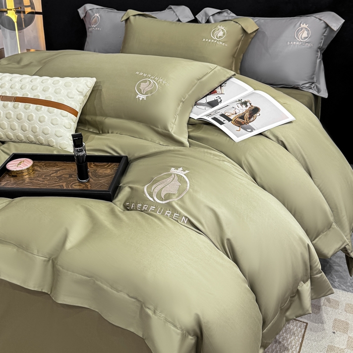 91家纺网 家纺一手货源 找家纺 盛凡家纺 2026春夏新款全棉纯棉100支长绒棉绣花四件套--萨尔夫人 萨尔夫人-橄榄绿