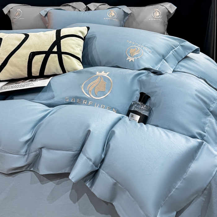 91家纺网 家纺一手货源 找家纺 盛凡家纺 2026春夏新款全棉纯棉100支长绒棉绣花四件套--萨尔夫人 萨尔夫人-蓝灰