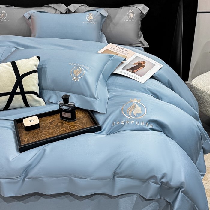 91家纺网 家纺一手货源 找家纺 盛凡家纺 2026春夏新款全棉纯棉100支长绒棉绣花四件套--萨尔夫人 萨尔夫人-蓝灰