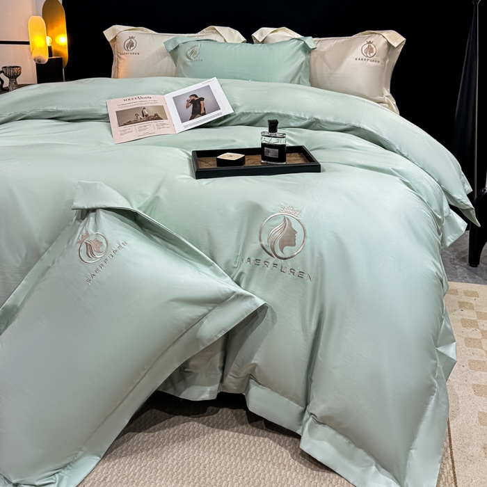 91家纺网 家纺一手货源 找家纺 盛凡家纺 2026春夏新款全棉纯棉100支长绒棉绣花四件套--萨尔夫人 萨尔夫人-天青色