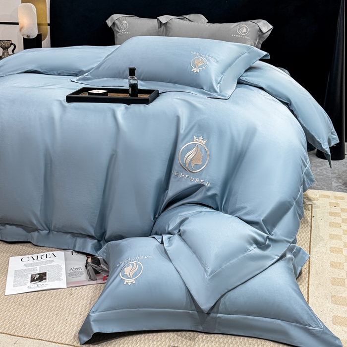 91家纺网 家纺一手货源 找家纺 盛凡家纺 2026春夏新款全棉纯棉100支长绒棉绣花四件套--萨尔夫人 萨尔夫人-蓝灰