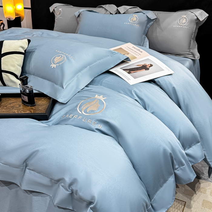 盛凡家纺 2026春夏新款全棉纯棉100支长绒棉绣花四件套--萨尔夫人 萨尔夫人-蓝灰