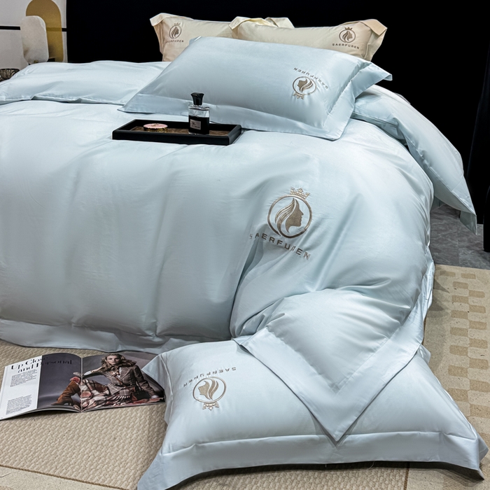 91家纺网 家纺一手货源 找家纺 盛凡家纺 2026春夏新款全棉纯棉100支长绒棉绣花四件套--萨尔夫人 萨尔夫人-迷雾蓝