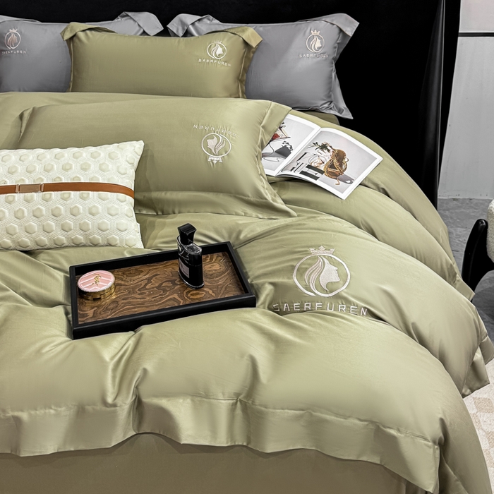 91家纺网 家纺一手货源 找家纺 盛凡家纺 2026春夏新款全棉纯棉100支长绒棉绣花四件套--萨尔夫人 萨尔夫人-橄榄绿