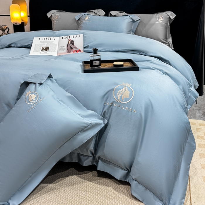 91家纺网 家纺一手货源 找家纺 盛凡家纺 2026春夏新款全棉纯棉100支长绒棉绣花四件套--萨尔夫人 萨尔夫人-蓝灰