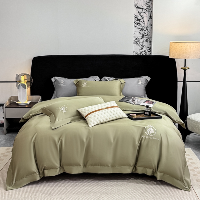 91家纺网 家纺一手货源 找家纺 盛凡家纺 2026春夏新款全棉纯棉100支长绒棉绣花四件套--萨尔夫人 萨尔夫人-橄榄绿