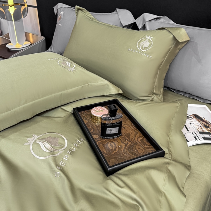 91家纺网 家纺一手货源 找家纺 盛凡家纺 2026春夏新款全棉纯棉100支长绒棉绣花四件套--萨尔夫人 萨尔夫人-橄榄绿