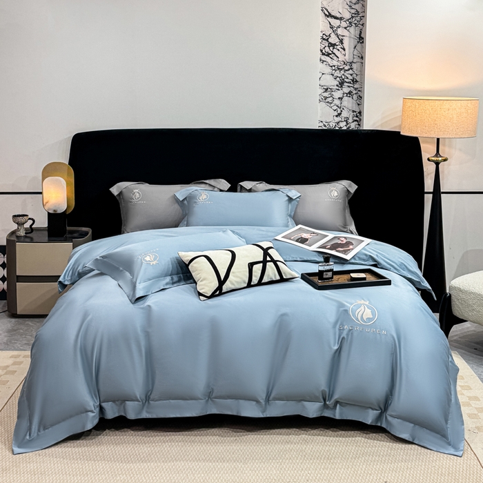 91家纺网 家纺一手货源 找家纺 盛凡家纺 2026春夏新款全棉纯棉100支长绒棉绣花四件套--萨尔夫人 萨尔夫人-蓝灰