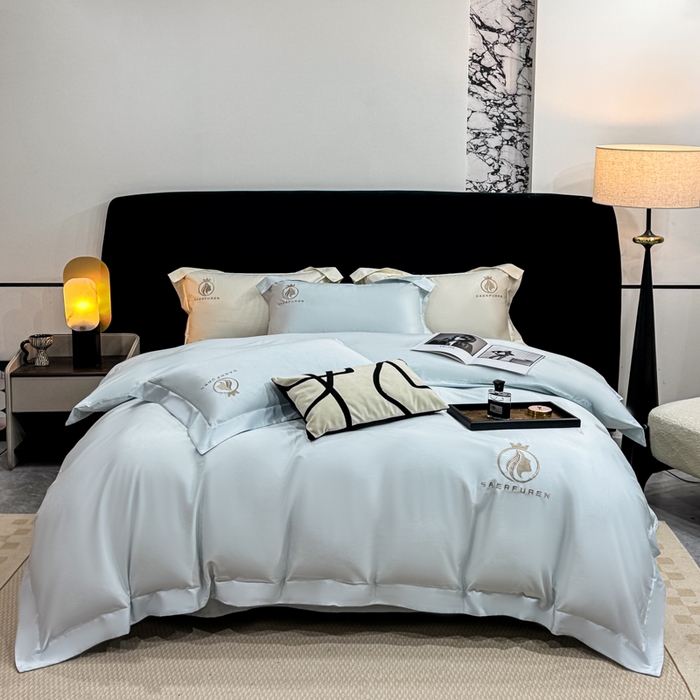 91家纺网 家纺一手货源 找家纺 盛凡家纺 2026春夏新款全棉纯棉100支长绒棉绣花四件套--萨尔夫人 萨尔夫人-迷雾蓝