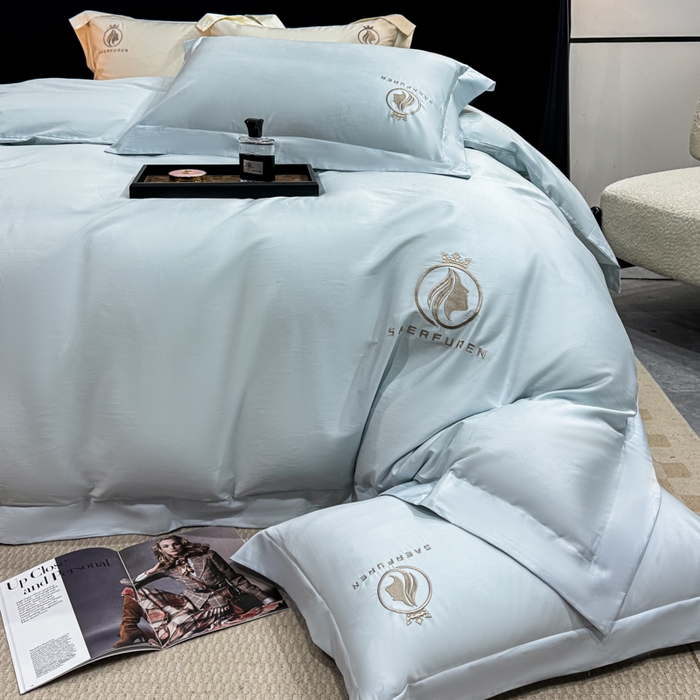 91家纺网 家纺一手货源 找家纺 盛凡家纺 2026春夏新款全棉纯棉100支长绒棉绣花四件套--萨尔夫人 萨尔夫人-迷雾蓝