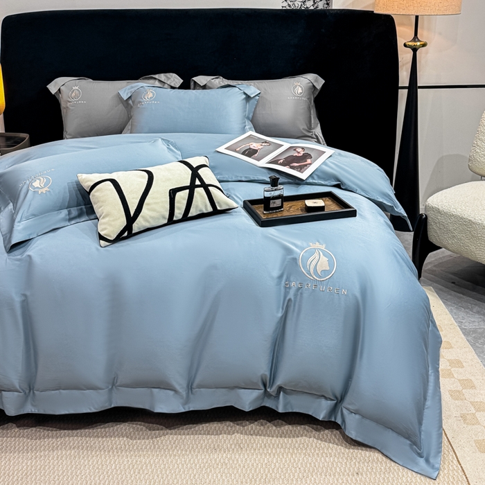 91家纺网 家纺一手货源 找家纺 盛凡家纺 2026春夏新款全棉纯棉100支长绒棉绣花四件套--萨尔夫人 萨尔夫人-蓝灰