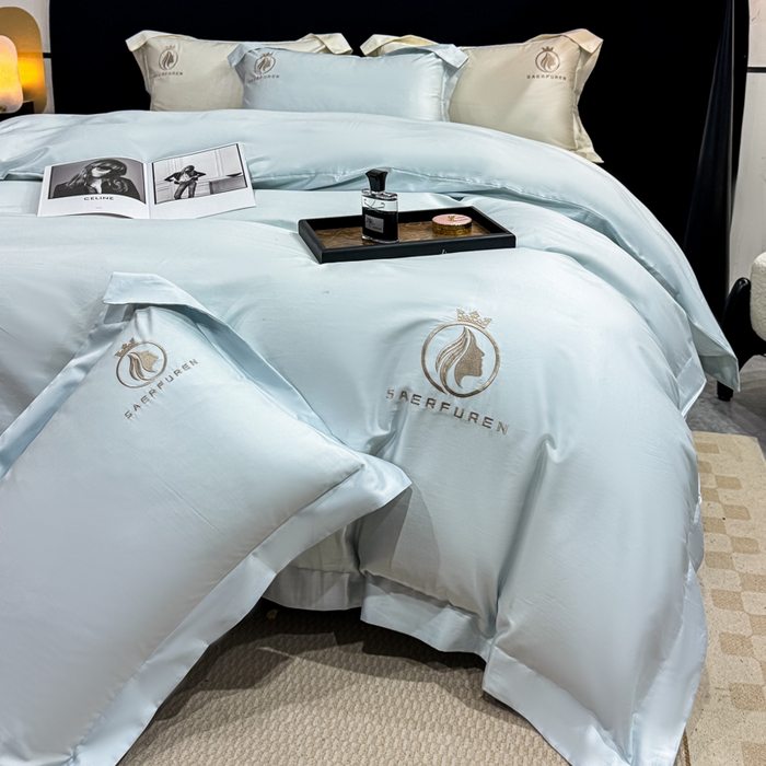 91家纺网 家纺一手货源 找家纺 盛凡家纺 2026春夏新款全棉纯棉100支长绒棉绣花四件套--萨尔夫人 萨尔夫人-迷雾蓝